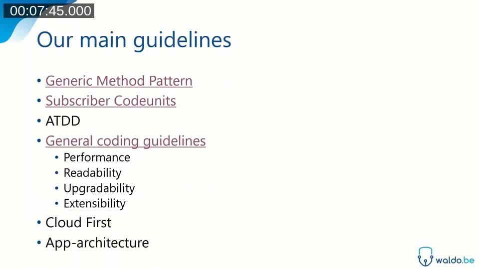 Slide listing iFacto's main development guidelines: Generic Method Pattern, Subscriber Codeunits, ATDD, general coding guidelines, Cloud First, App architecture