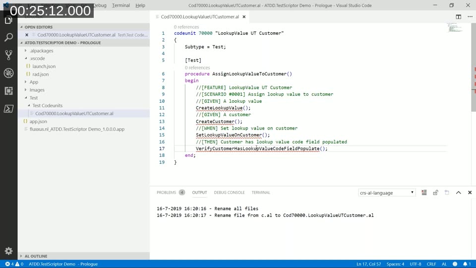 VS Code showing the manually written AL test codeunit with the scenario embedded as comments and helper function calls forming the test story
