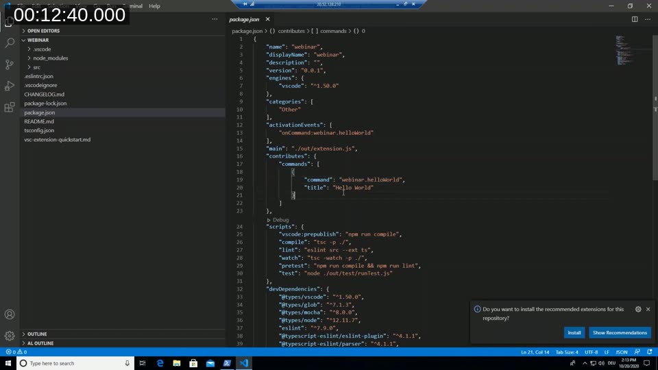 package.json of the generated webinar extension showing activationEvents and contributes.commands with the Hello World command