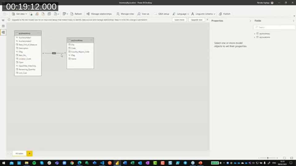 Power BI Desktop model view showing a relationship between the qryInventory and qryLocations tables on location code