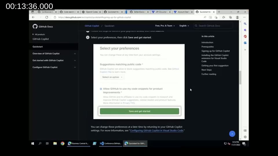 GitHub Copilot Quickstart docs showing the 'Select your preferences' step, including the suggestions-matching-public-code option