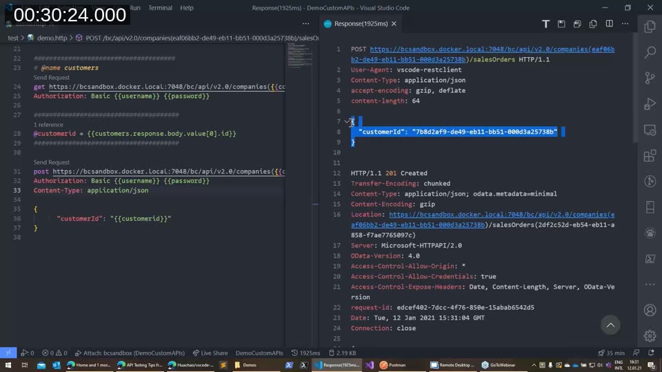 REST Client request creating a sales order using a chained {{customerid}} variable, with the 201 Created response shown