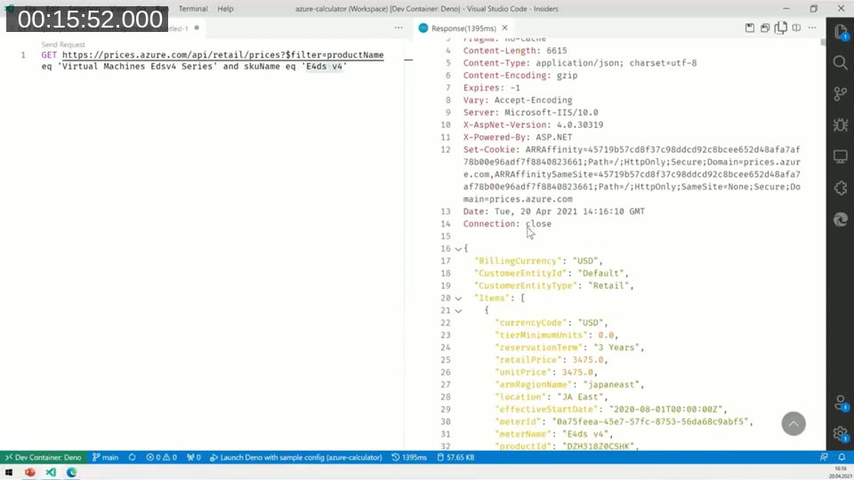 Visual Studio Code REST Client extension showing a GET request to the Azure Retail Prices API and the JSON response with currency, region, price, and meter details