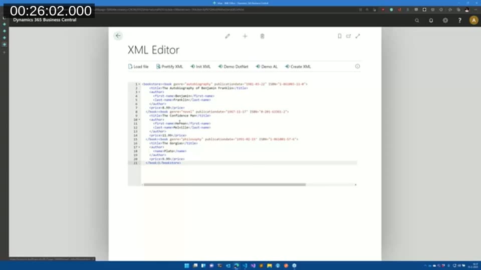 Sample bookstore XML shown in a custom XML Editor page inside Business Central, with three book elements and mixed author formats