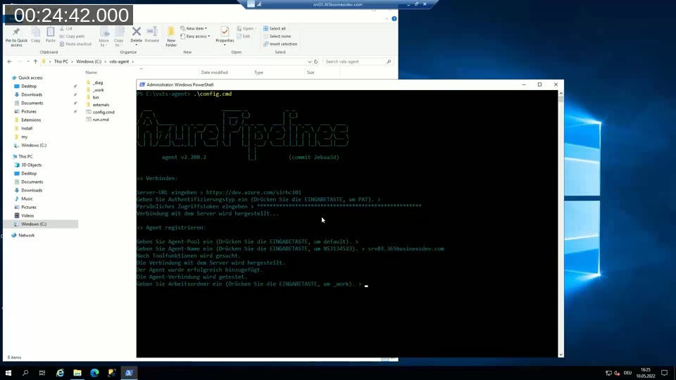 Windows PowerShell terminal running config.cmd to register a self-hosted Azure Pipelines agent