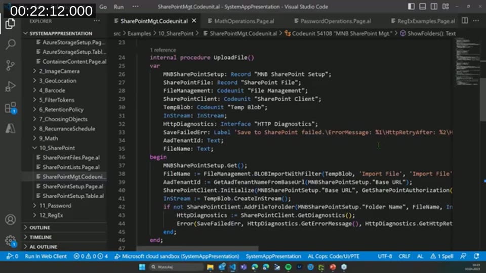 AL code for the UploadFile procedure using the SharePoint Client and File Management codeunits