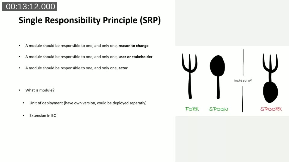 Slide: SRP illustrated with a fork, spoon, and combined 'spork'.