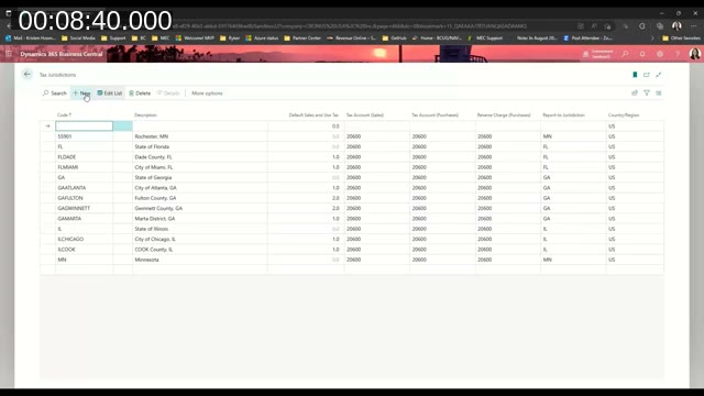 Tax Jurisdictions list page in Business Central showing jurisdiction codes and report-to jurisdictions