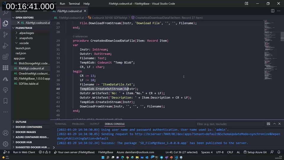 AL code demonstrating CreateAndDownloadDataFile using TempBlob, OutStream.WriteText, and File.DownloadFromStream