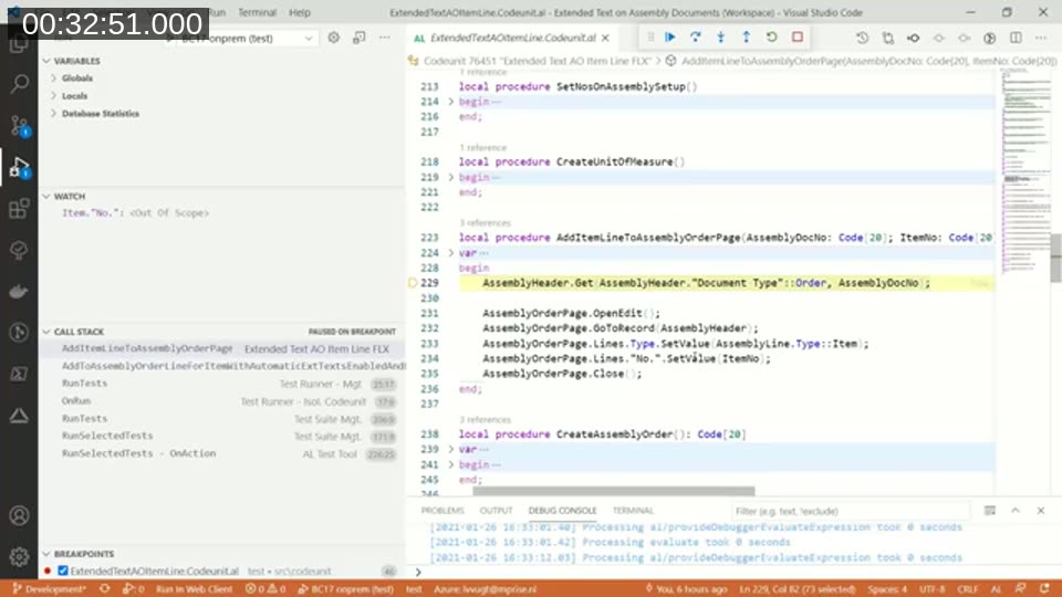 VS Code AL debugger stepping through test code that uses an AssemblyOrderPage TestPage object to add an item line