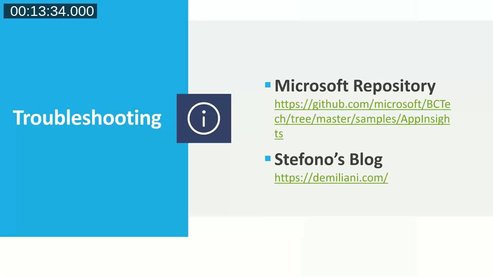 Slide listing Microsoft's BCTech GitHub repository and Stefano Demiliani's blog as troubleshooting resources