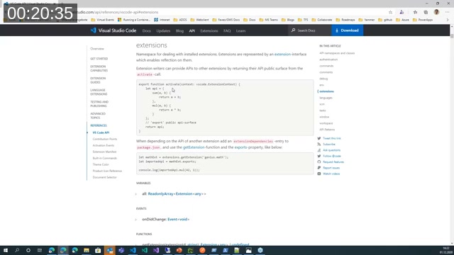 Official VS Code API documentation page for the extensions namespace, showing getExtension and the exports pattern