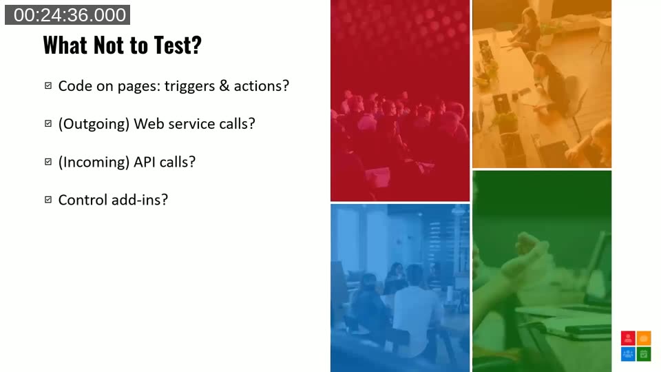 Slide titled 'What Not to Test?' listing code on pages, outgoing web service calls, incoming API calls, and control add-ins