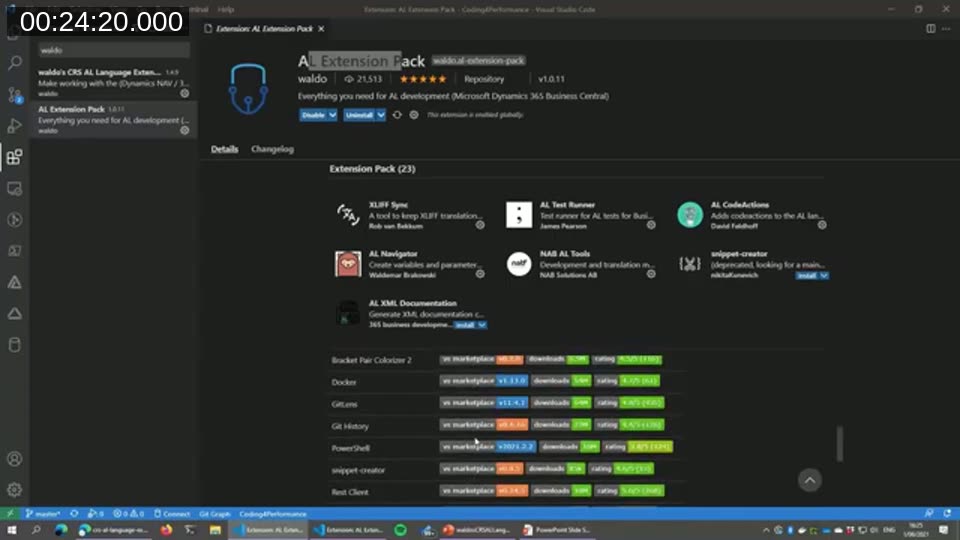 Waldo's AL Extension Pack listing on the Visual Studio Marketplace showing the 23 bundled extensions it installs