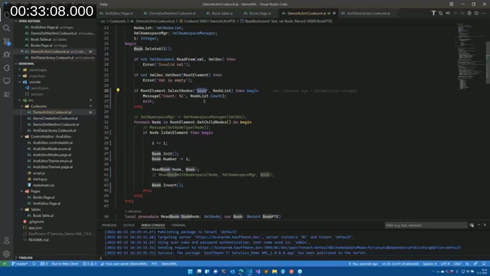 AL code using SelectNodes and a foreach loop with IsXmlElement to skip whitespace text nodes while reading book elements
