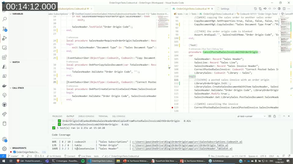 AL Test Runner code coverage results showing per-object coverage percentages after a test run
