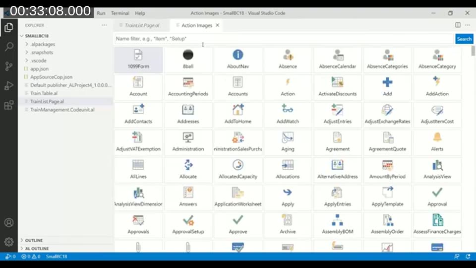 AZ AL Dev Tools Action Images browser showing a searchable grid of built-in AL action icons with their names