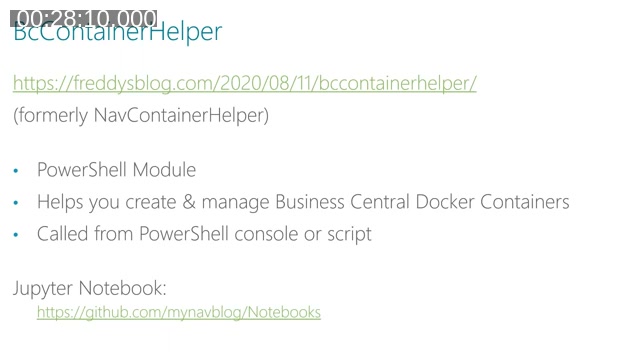 Slide titled 'BcContainerHelper' with a link to Freddy Kristensen's blog post and a link to Krzysztof Bialowas's Jupyter Notebook repository on GitHub for walking through BcContainerHelper commands