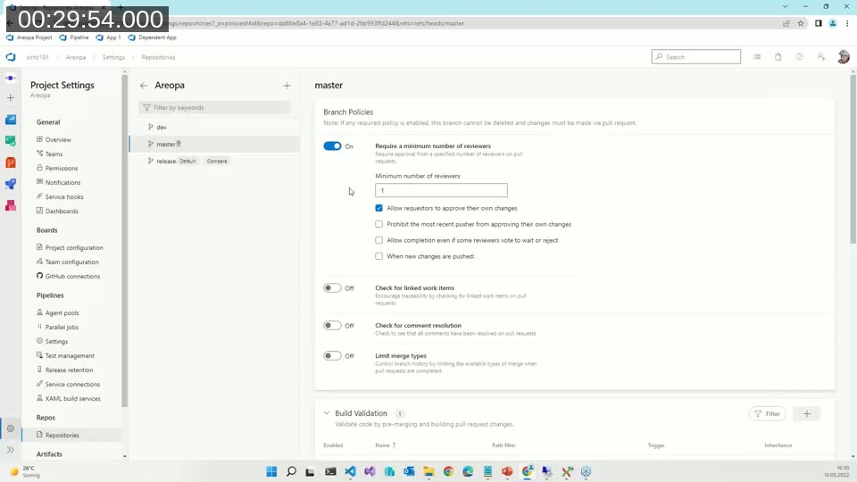 Azure DevOps branch policy settings for the master branch requiring a minimum number of reviewers and build validation