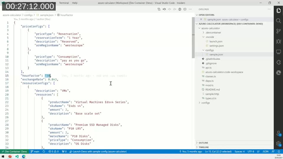 sample.json configuration file for the Deno command line tool defining price configs (reservation and consumption), hour factor, exchange rate, and resource configs for virtual machines and disks