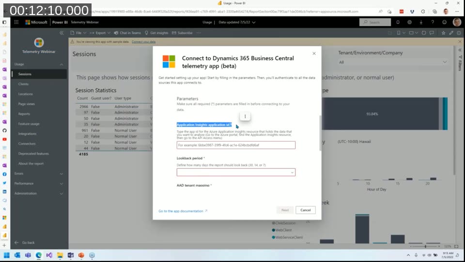 Connect to Dynamics 365 Business Central telemetry app dialog, prompting for Application Insights Application ID, lookback period, and AAD tenant mapping