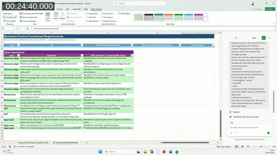 Copilot in Excel generating UAT test cases with a requirements coverage map