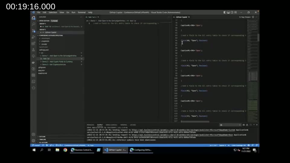VS Code showing GitHub Copilot inline suggestions while adding the Open field to General Ledger Entries