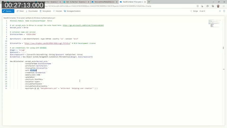PowerShell script in Visual Studio Code creating a Business Central Docker container with Windows authentication and a script that skips user creation