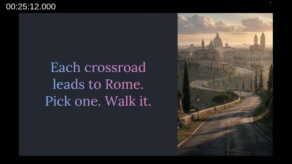 Slide reading 'Each crossroad leads to Rome. Pick one. Walk it.' next to an image of a road leading toward Rome