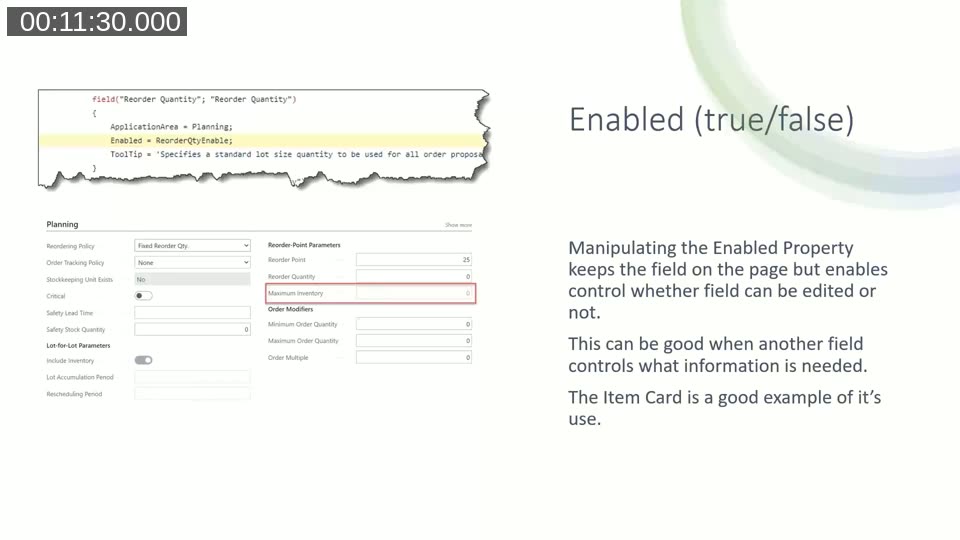 AL code setting the Enabled property on the Reorder Quantity field next to the Item Card Planning FastTab showing disabled fields