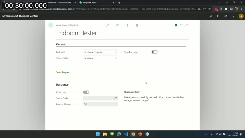 Endpoint Tester page in Business Central showing a successful response from a Facebook-secured endpoint