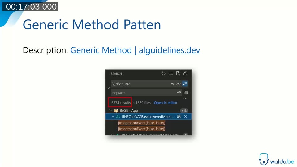 VS Code search showing 6574 event results across the codebase, illustrating the scale of events produced by the Generic Method Pattern