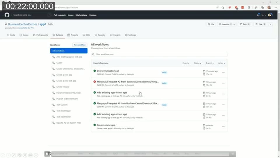 GitHub Actions run history showing successful CI/CD, add existing app, and pull request merge workflow runs