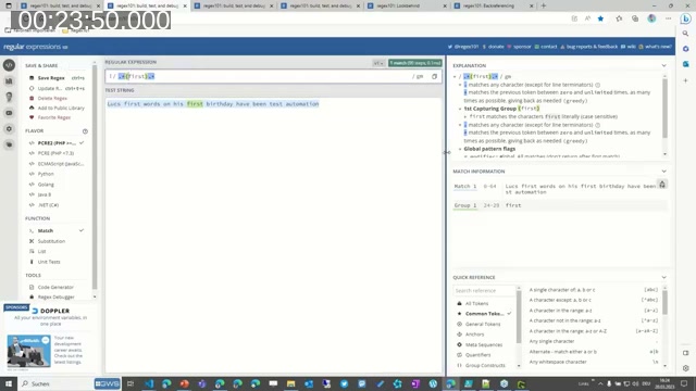 regex101.com showing a greedy quantifier pattern matching the second occurrence of the word 'first' in a test string