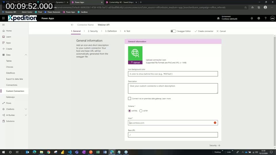 Power Apps custom connector wizard, General information step, with Scheme, Host, and Base URL fields