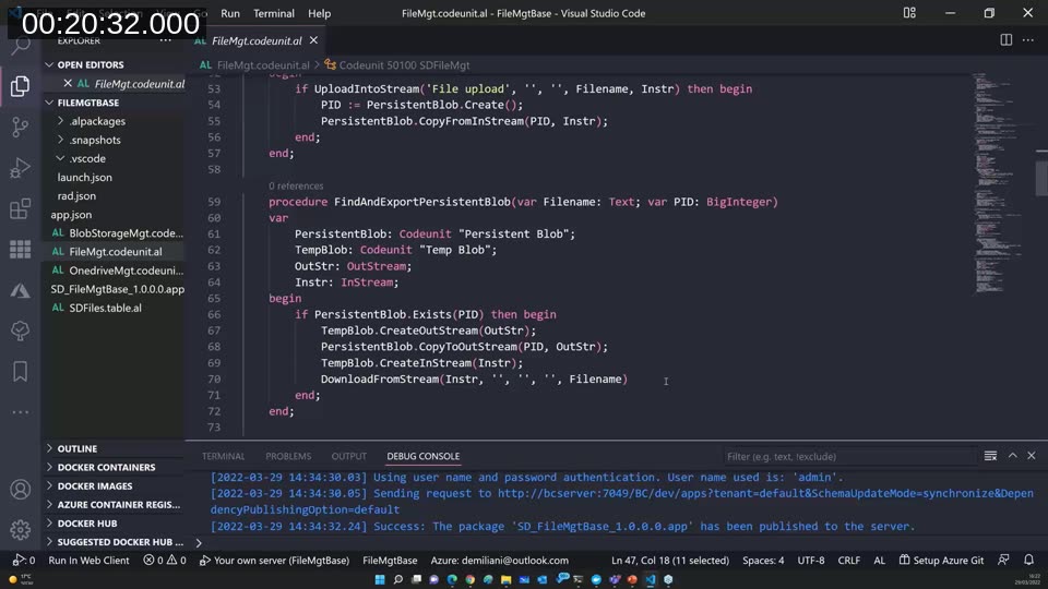 AL code showing the Persistent Blob codeunit pattern: Create, CopyFromInStream, Exists, and CopyToOutStream methods