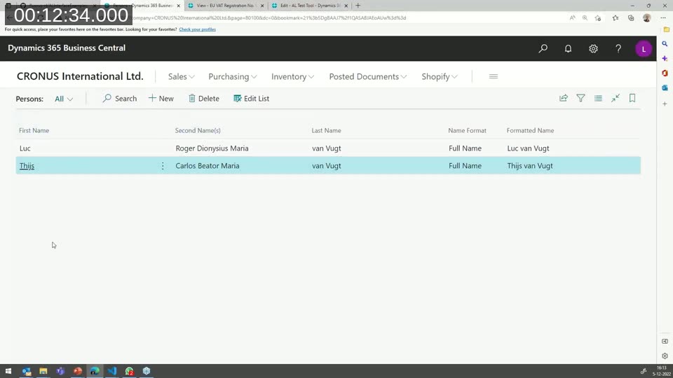 Business Central Persons list showing different formatted names produced by different interface implementations