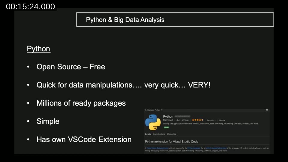 Slide: Python & Big Data Analysis — open source, quick for data manipulation, millions of packages, VS Code extension