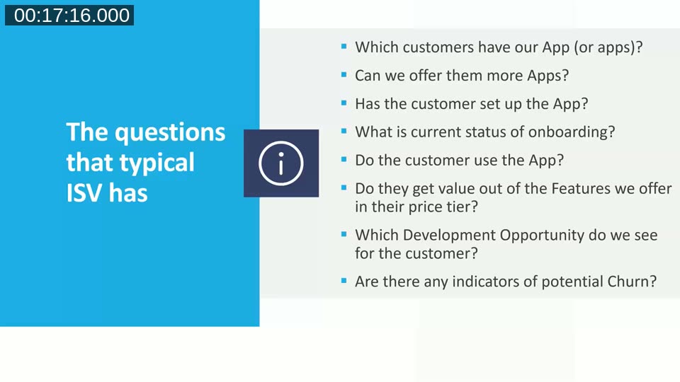 List of typical questions an ISV wants telemetry to answer, such as which customers have the app, onboarding status, and churn indicators