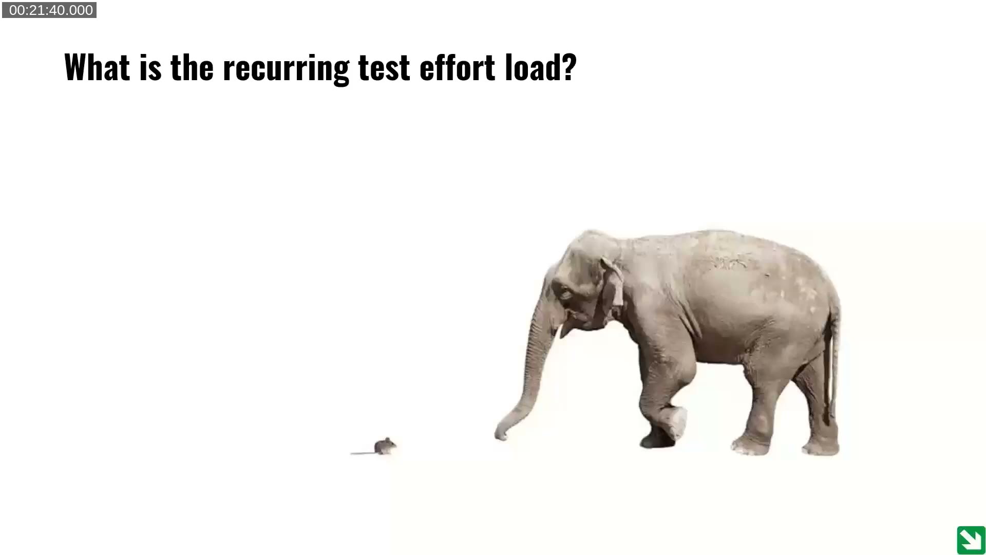 Illustration of an elephant and a mouse representing a large versus small recurring test effort load