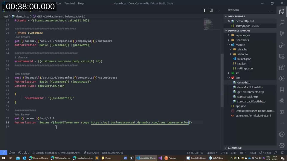 REST Client .http file showing an Azure AD OAuth2 request using a $aadV2Token variable with the user_impersonation scope
