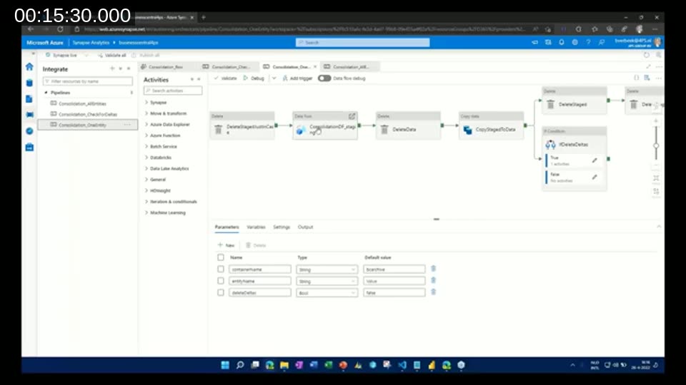 Azure Synapse Consolidation_OneEntity pipeline showing delete staged, consolidation data flow, delete data, and copy staged to data activities
