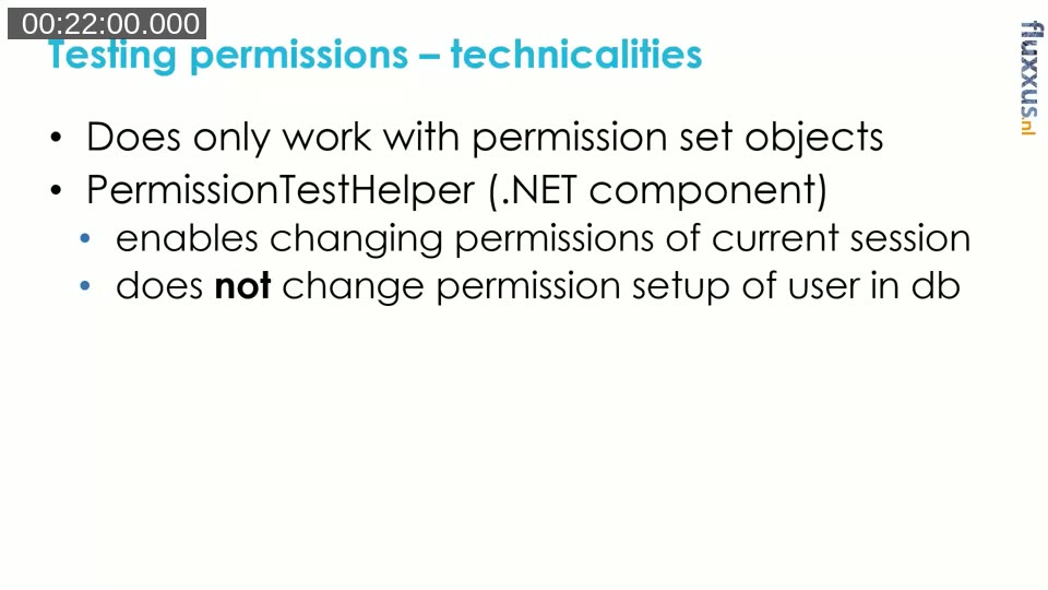 Slide listing the technical constraints: permission set objects only, and the PermissionTestHelper .NET component