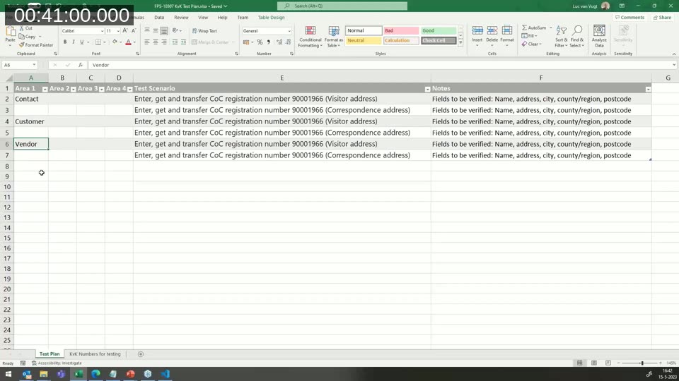 Excel spreadsheet showing Luc van Vugt's test plan for a Chamber of Commerce (KvK) data lookup feature, grouped by area with test scenarios and notes