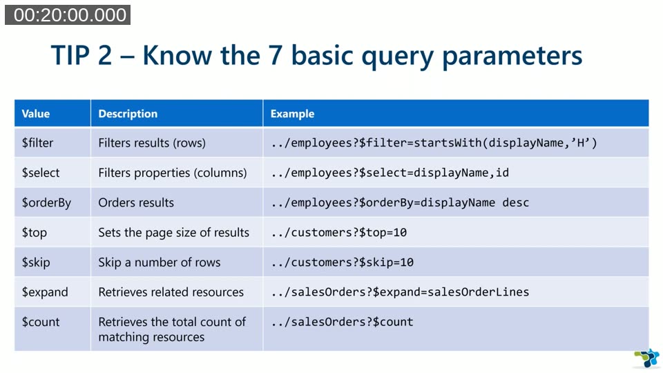 TIP 2 — The 7 essential OData query parameters: $filter, $select, $orderBy, $top, $skip, $expand, $count