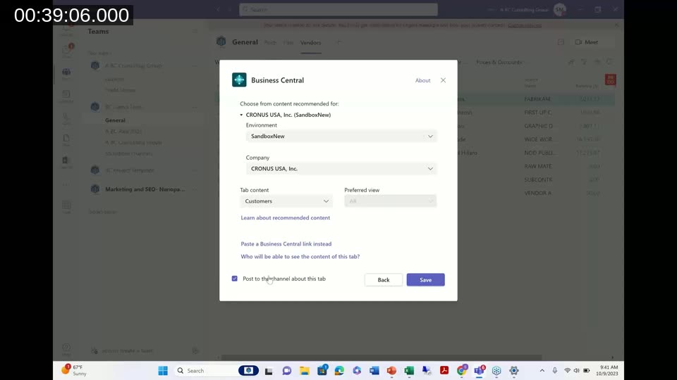 Adding a Business Central tab to a Microsoft Teams channel, with the Customers list visible in the background