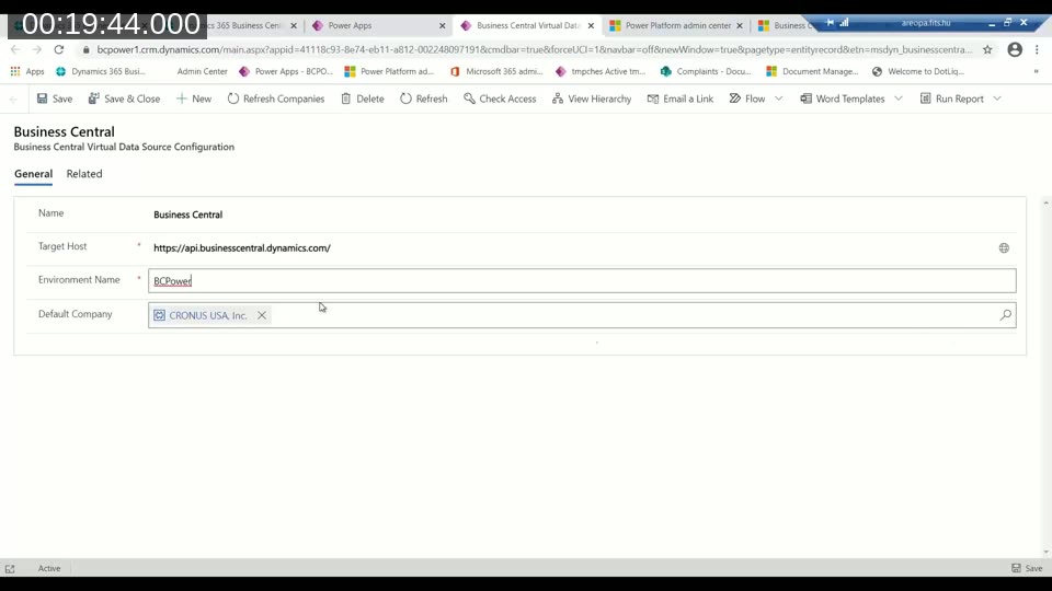 Business Central Virtual Data Source Configuration screen in Power Apps showing Target Host, Environment Name, and Default Company fields