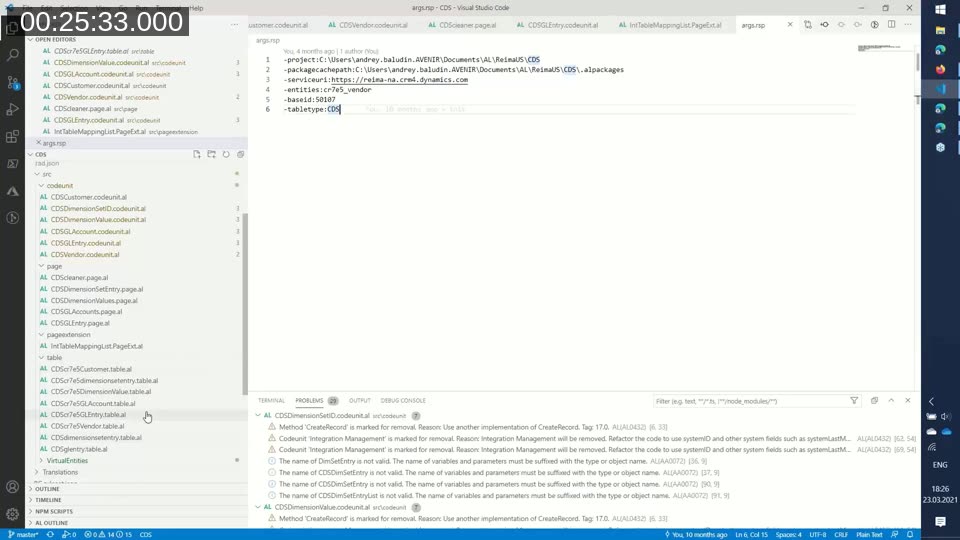 Visual Studio Code showing the AL project structure and the args.rsp file used with the AlGen tool to generate the intermediate CDS table