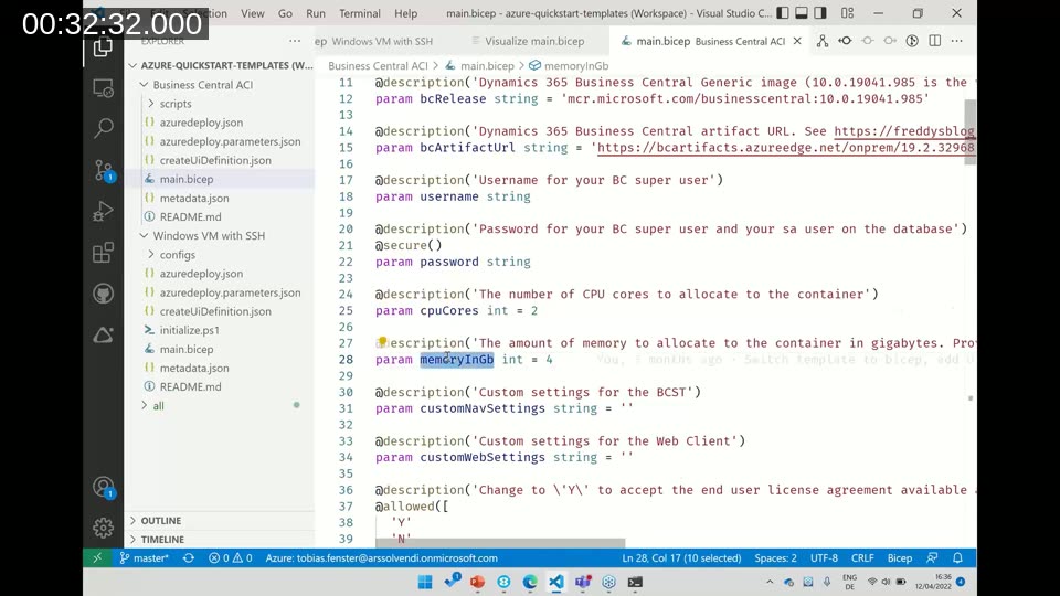 Visual Studio Code showing the Business Central ACI Bicep file with parameters for BC release, artifact URL, username, password, CPU cores and memory