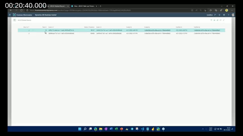 Business Central ADLSE Deleted Record table listing deleted customer records with their system IDs